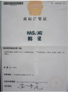HAOSUNG trademark certificate